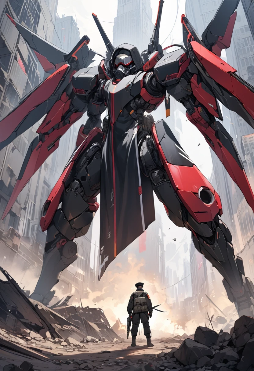 (masterpiece, best quality:1.1), (ultra highres, ultra-detailed:1.2),pop-style, one boy,((facing a white spider-like monster)),(black military cap,military Gasmask,gloves,has large weapon,(mechanical wings)),BREAK (cyberpunk nazi-uniform),(wasteland,no man's land),dynamic angle,