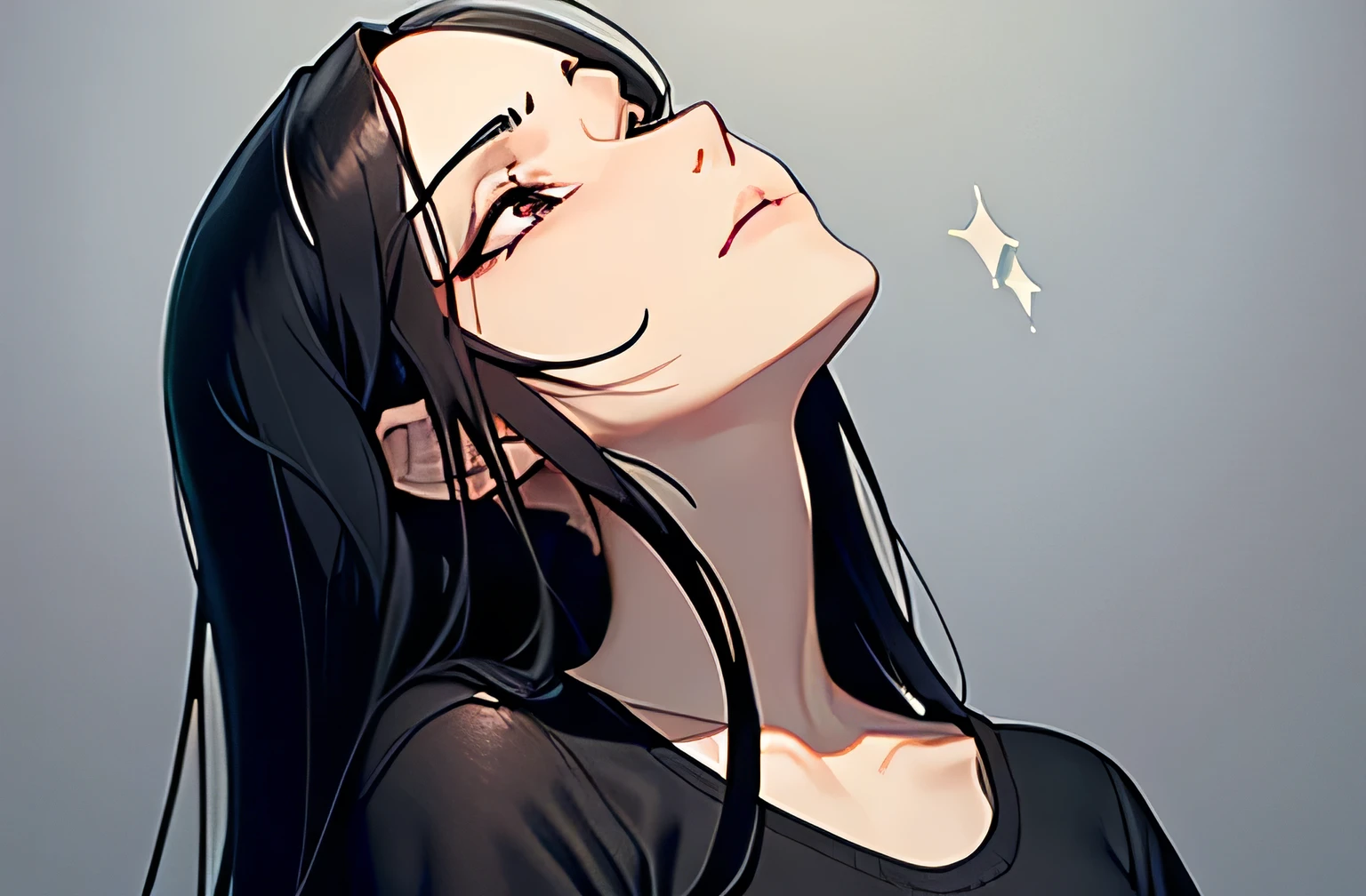 One Woman,Long black hair,Thoughtful expression,Tilt your head,The eye is looking up,The eyes are particularly delicate and of high quality,The clothes are short-sleeved knits.,The color of the clothes is gray,