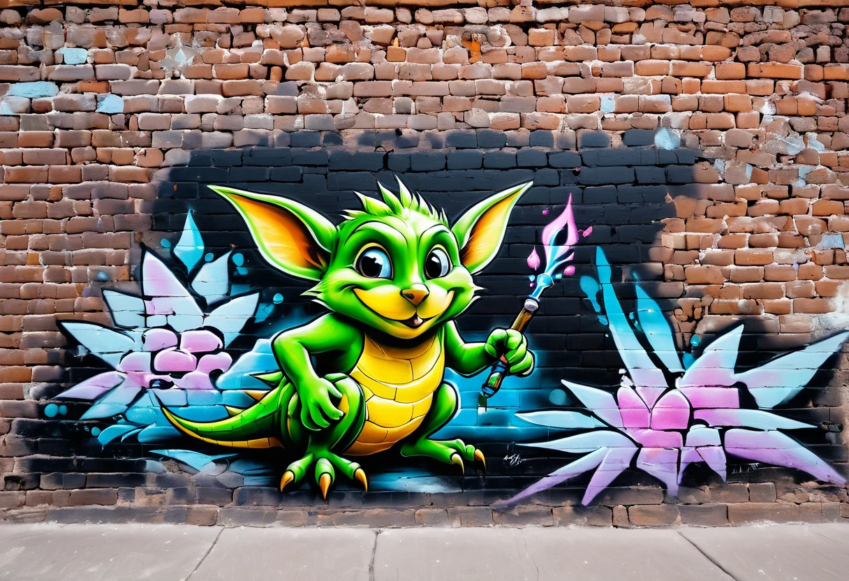 graffiti, pastel, graffiti on brick wall, spray paint on wall, colorful graffiti, street art, spray paint, street canvas, graffiti artist, graffiti art, spray art, spray art, (((old worn brick wall: 1.4))). Moral on the wall of the house. goblin mage examining a relic,