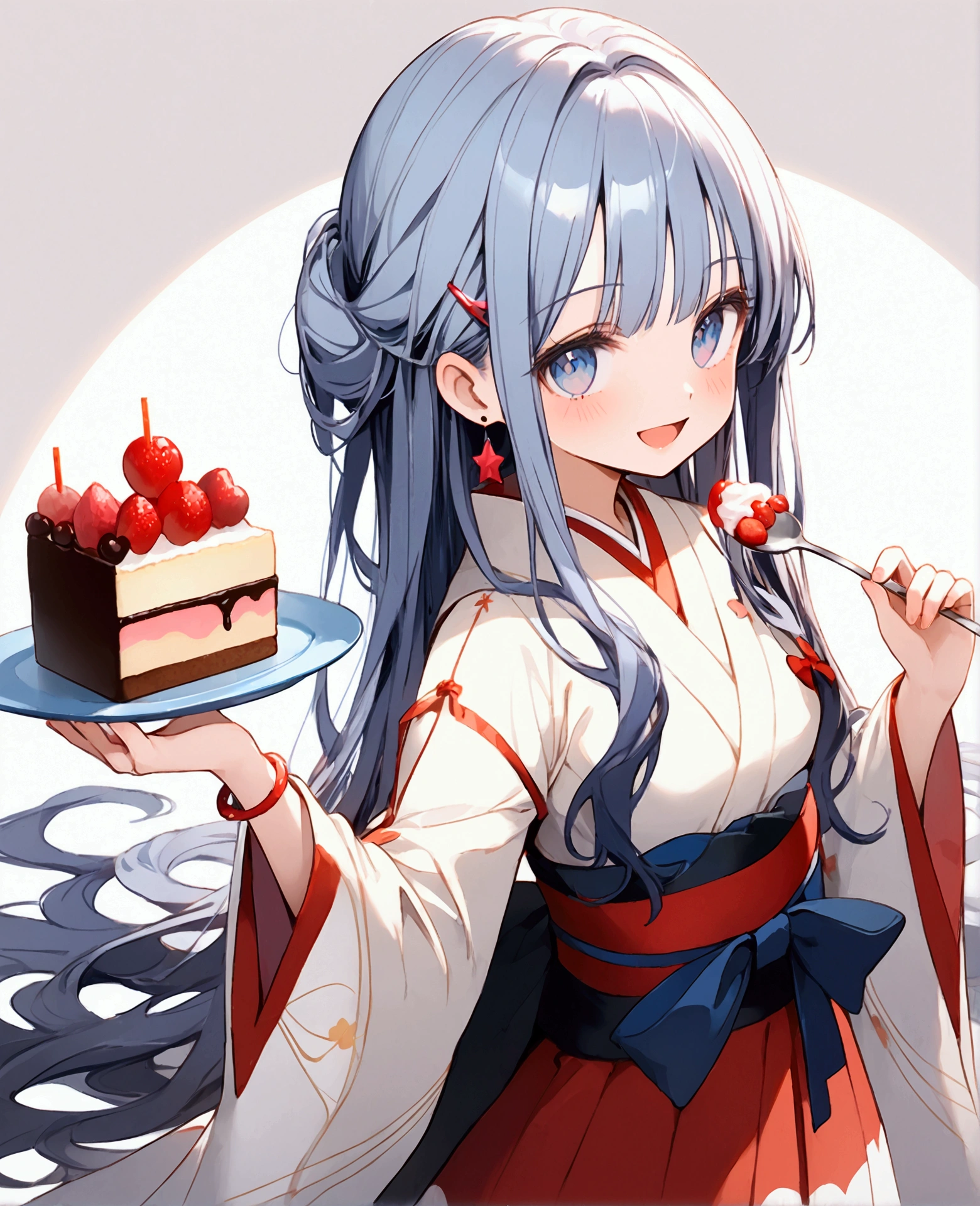 A conceptual art young woman with light blue hair, star-shaped hair clip, long hair. Her hair is long and straight, with playful, expressive strands that add movement and dynamism to the piece, feeding her viewers with a spoonful of cake, look at viewers. Her eyes are wide and sparkling, with detailed pupils that reflect the joy and excitement of her birthday. The blush on her cheeks is a soft pink, revealing her happiness and slight embarrassment at being the center of attention. She's holding a spoon with a pice cake, her excitement almost palpable. adhering to a high-quality Anime style, kimono, from the side. The piece should be in Ultra High Definition, with a resolution of 8K, making it a true masterpiece. Pay attention to anatomical correct(2), ensuring that the character's pose and proportions are accurate and believable. The skin should be textured, with high details that give a sense of realism to the Anime style. The final artwork should be of the best quality and extremely high-re, pov, anime, anime style, social media composition, UHD, masterpiece, accurate, anatomically correct, textured skin, super detail, high details, high quality, award winning, best quality, highres, 8k, smile, happines, emossion, exited, laugh, art sheet, conceptual art, multiple angle