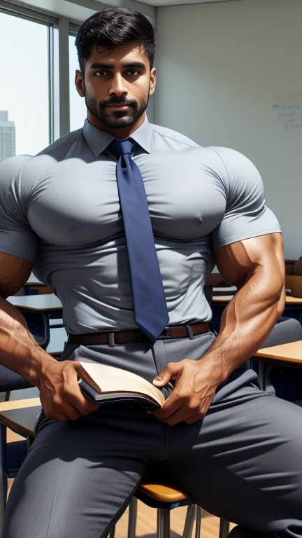 40 years old handsome hunk indian teacher with small beard mascular dark skin jaat with spiky hairstyle, head to thighs, indian school boy, beautiful eyes, large lips, volumeric light, wearing front opened shirt with perfect bulge is coming out from grey trouser with grey tie, hold book in hand, huge bulge show at front of children, muscular chest, long legs, Wide shoulders, nice detailed hands, standing with spread legs in classroom background, sunny day, daylight, nude, pornography, seductive, erotic, exotic
