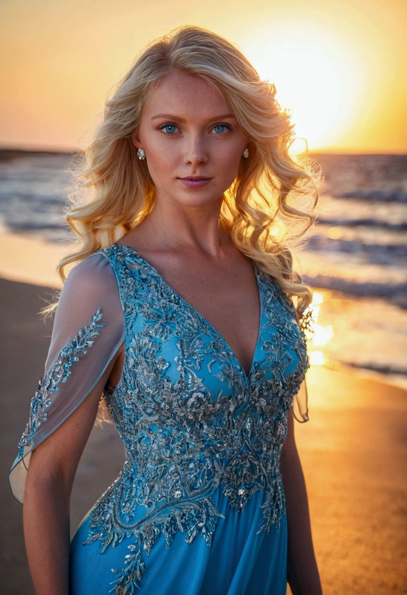 Blonde woman blue eyes wearing dress on the beach at sunset