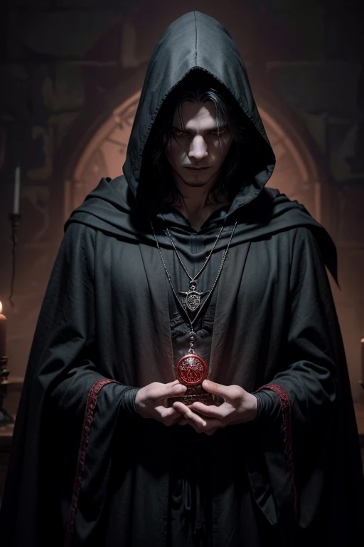 create the image of a mysterious wizard, medieval style, wearing a black cloak with scarlet tones and elements of tarot and necromancy in the dungeon-like environment. the wizard has a necklace with a pendant similar to Dr Strange&#39;s agamotho eye, however, it has a ruby instead of the green stone, must be in a meditation position (sitting with legs crossed) and the letters spread out in front of you. His hair is gray and a shadow covers part of his face, keeping it hidden