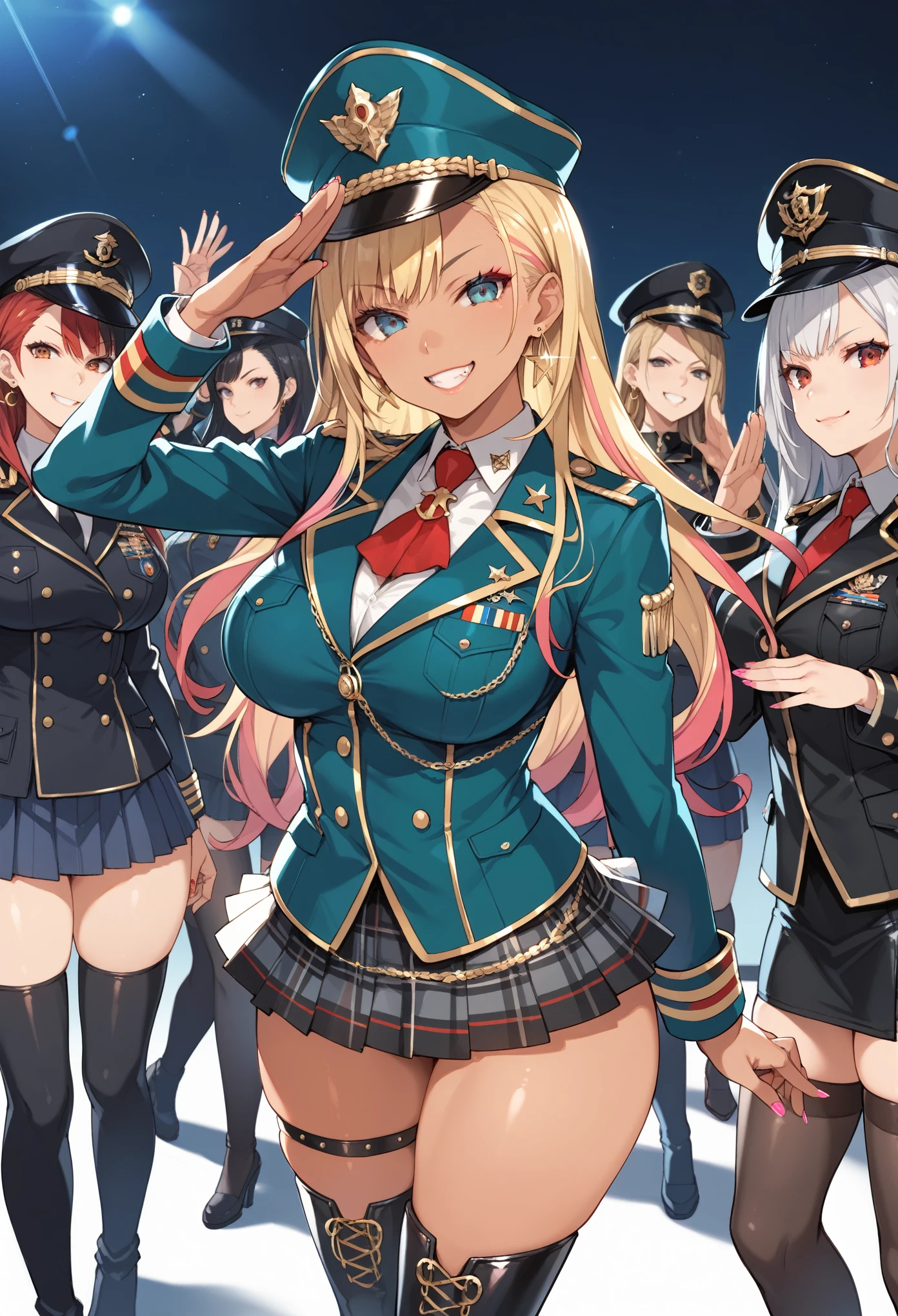 score_9,score_8_up,score_7_up, score_6_up, rating_safe, source_anime, slutty clothes, gyaru, multicolored hair, 5_fingers, multiple girls, group picture, 4girls, standing aligned, (salute), gold earrings, large breasts, jewelry, military cap, (military uniform), (epaulette), jacket, harness, thigh strap, black thigh boots, (layered skirt), miniskirt, evil smile, smirk, dark theme, dark persona, skindentation, wide hips