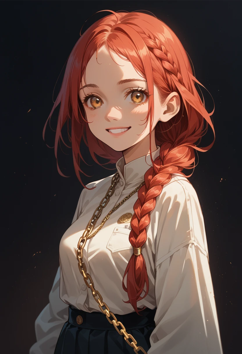 (masterpiece), (Best quality), Young woman, Best quality, Ultra detailed, 1 girl, One, standing, Red hair, long braided hair, Golden eyes, bang, medium breast,look, smile, (bad: 1.2), looking at the viewer, (interview: 1.3), (dark background, chains: 1.3),
