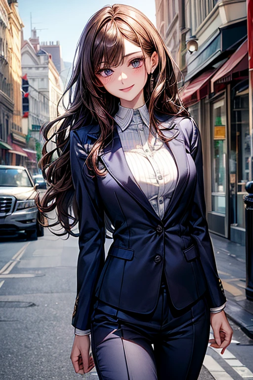 8K, (masterpiece, best quality:1.6), 1 lady, masterpiece, best quality, beautiful eyes, (Perfect Anatomy),

 dark brown hair, long wavy hairstyle: 1.5

(detailed fabric texture, Stylish office suits, Navy blue striped business suit, Low-cut white blouse), career woman,

busty, sexy body, (lovely smile), random erotic pose, (standing), 

face light, cinematic lighting, sharp focus,

(beautiful scenery), daytime, cityscape:1.2, main street, 