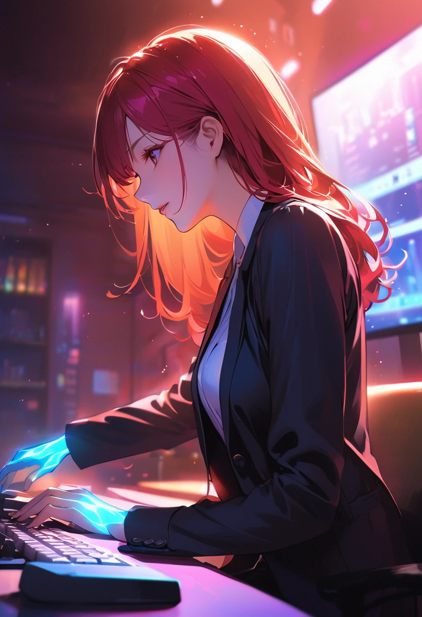 Digital Art,Semi-realistic、Anime style illustrations,High quality、Detailed Description、A woman in her twenties is typing in the office、Distinct colors、Glowing Skin, Cinematic Lighting Effects,unrealistic