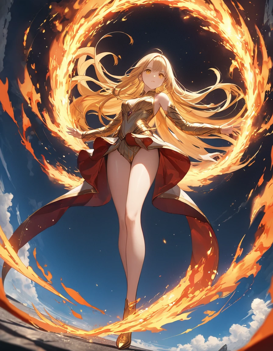  masterpiece, Highest quality, detailed,Fantasy、 (One girl), alone, detailed golden eyes, Fiery long hair, ((A goddess unleashing a large plasma bullet))、whole body、diagonal、Low angle shot、