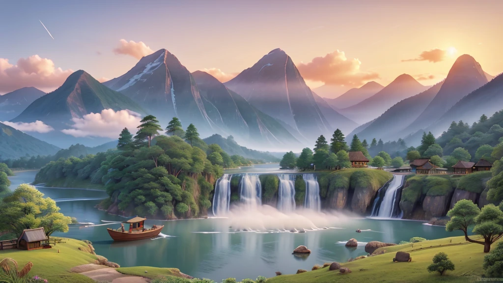 The image you just described is a traditional East Asian landscape painting.   It has misty mountains with sharp peaks, some partially obscured by clouds or fog.   A waterfall cascades down one of the mountains.   In the foreground, there are two small boats in what appears to be calm waters.   Birds are flying across the scene, suggesting dawn or dusk.   The painting's use of soft colors and blurred lines give it a feeling of tranquility and elegance.   Pretty