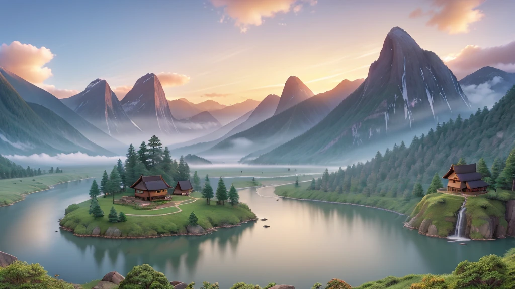 The image you just described is a traditional East Asian landscape painting.   It has misty mountains with sharp peaks, some partially obscured by clouds or fog.   A waterfall cascades down one of the mountains.   In the foreground, there are two small boats in what appears to be calm waters.   Birds are flying across the scene, suggesting dawn or dusk.   The painting's use of soft colors and blurred lines give it a feeling of tranquility and elegance.   Pretty