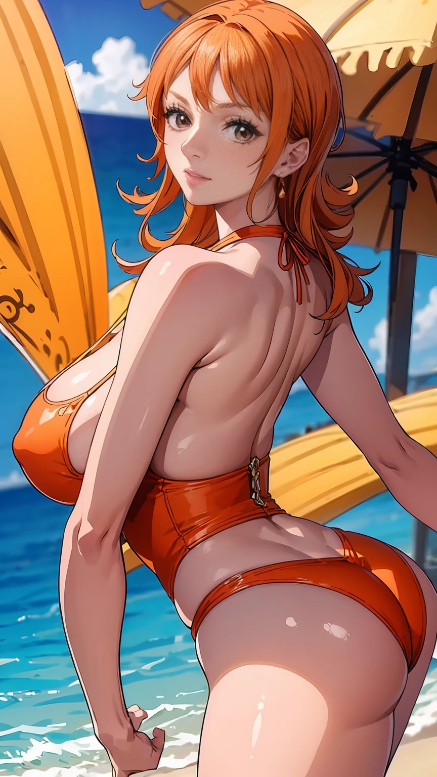 highest quality, masterpiece:), ultra-high resolution, daytime, sunny, in the beach, Korean gravure model, 24 years old, tight, back shot:1.5, looking back over the shoulder:1.5, wearing a Nami`s costume, high leg, gigantic breasts, puffy nipple:1.4, skinny, bangs, long hair, orange hair, choppy hair, unkempt hair:1.2, gorgeous earrings, beauty, embarrassed, blush:1.3, mature woman,