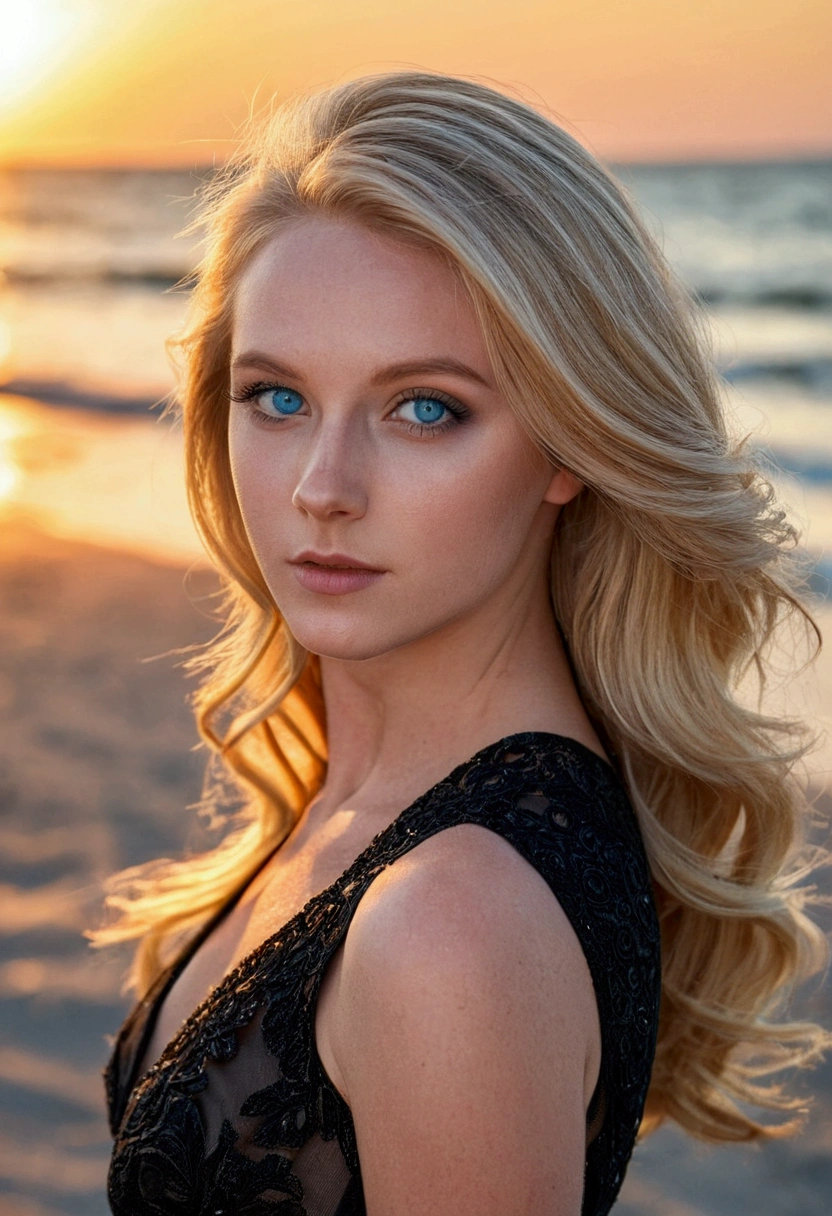 Beautiful young blonde woman blue eyes wearing black dress on the beach at sunset