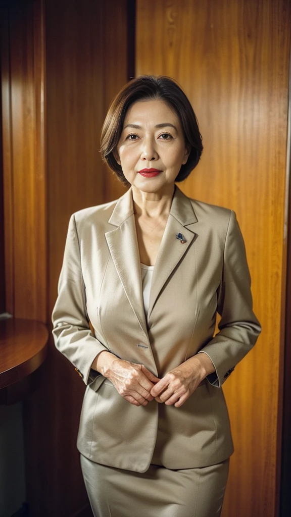 Masterpiece, Depth of written boundary, ((Great focus)), gravure, 32K, Beautiful finish, Japanese, A natural pose, Beautiful mature woman, 80-year-old woman, High Career, Corporate Executive, Photo of your ID, Long face, Big Breasts, Red lips, Thin lips, business suit, Alluring, Light from the front, if,