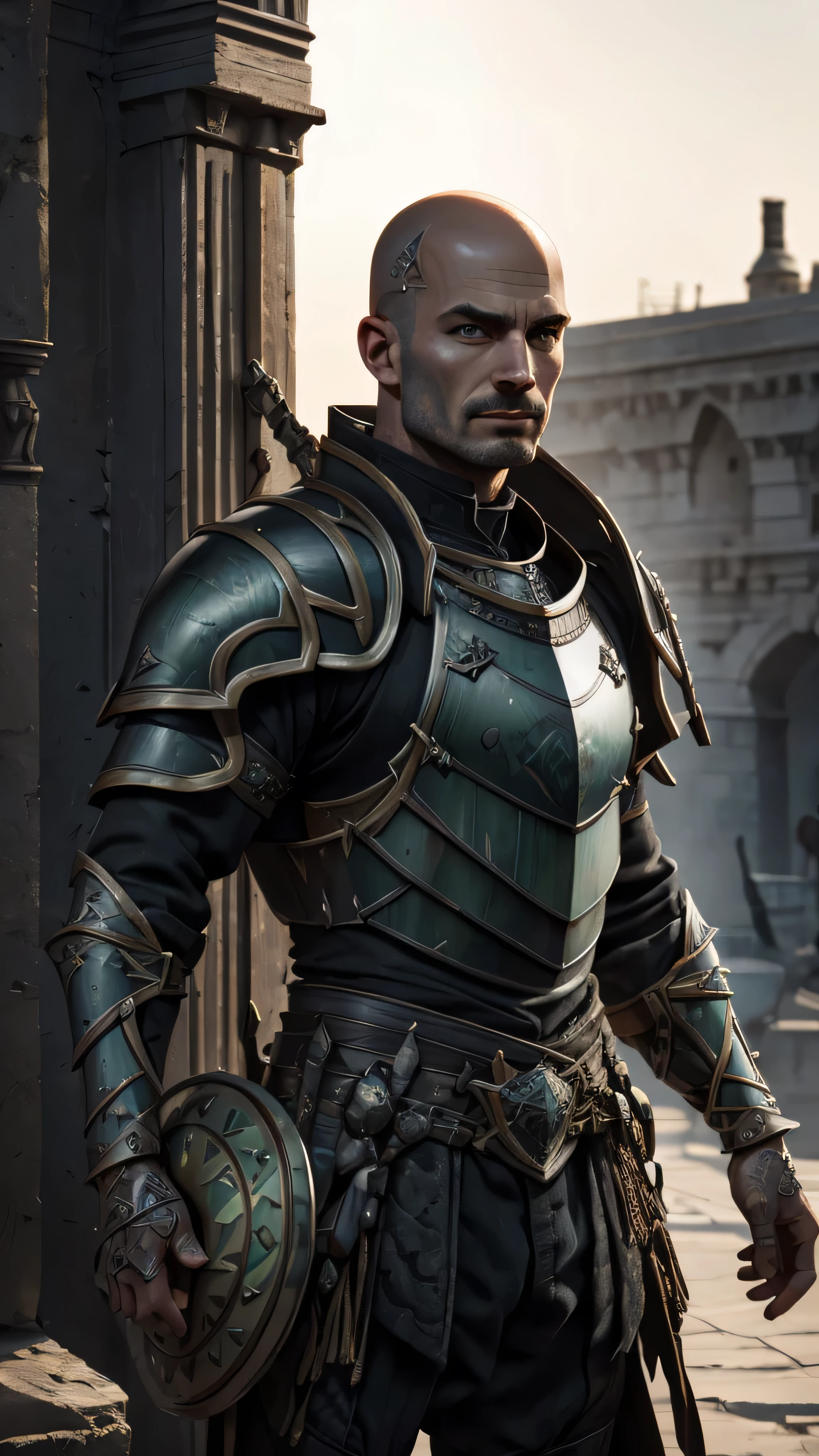 titanic warrior, male, bald, dark gray (intricate armor), plates, (big shield), (masterpiece, best quality), (green eyes), (hyper realistic:1.6), ((detailed face)), ((award-winning)), (sharp), (8k resolution), (cinematic lighting)