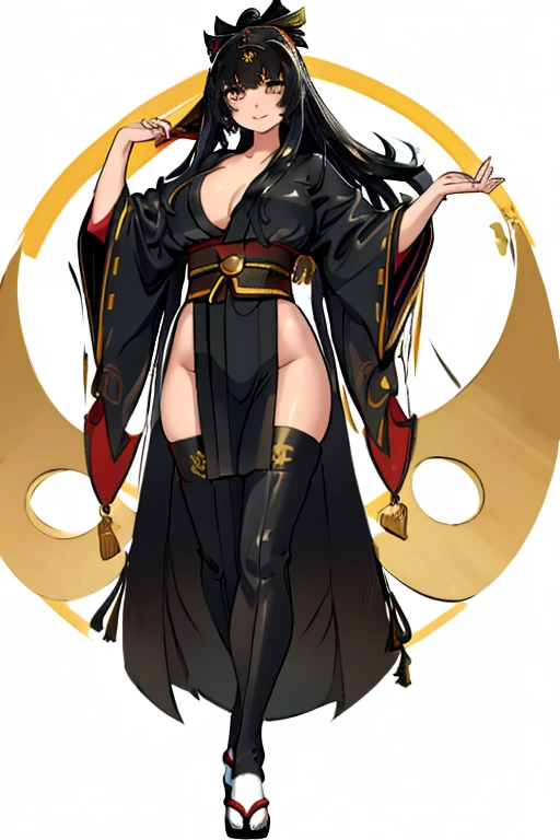 female, black long hair, yellow eyes, (((1girl))), (((gold and black kimono))), (black Japanese sandals), (white thigh high socks), cute and sexy, full body, large breasts, large butt, long legs, smiling