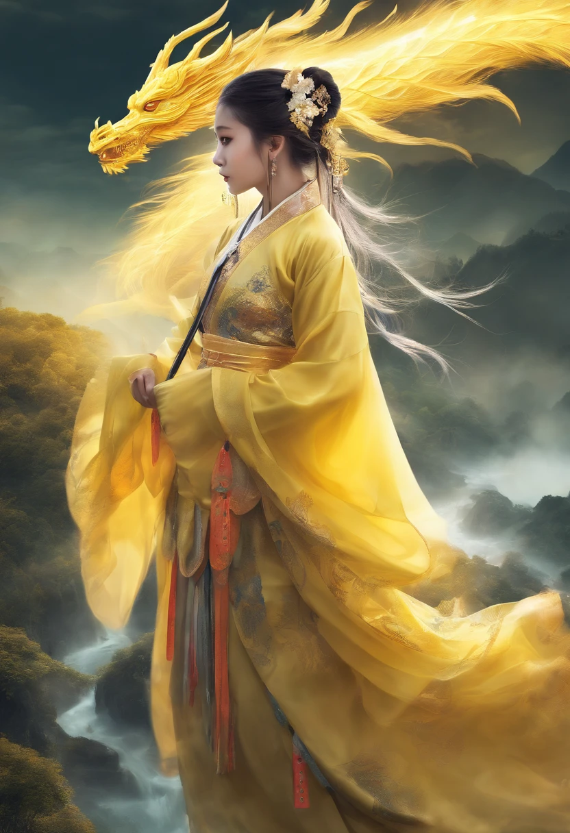 best quality,masterpiece,Ultra-high resolution,(photoactual:1.4),yellow clouds,yellowChina dragon background,beauty,Serious,china,yellow waist long hair,Single ponytail,Big breasts,Antique Chinese Hanfu(yellow),Sword dance,