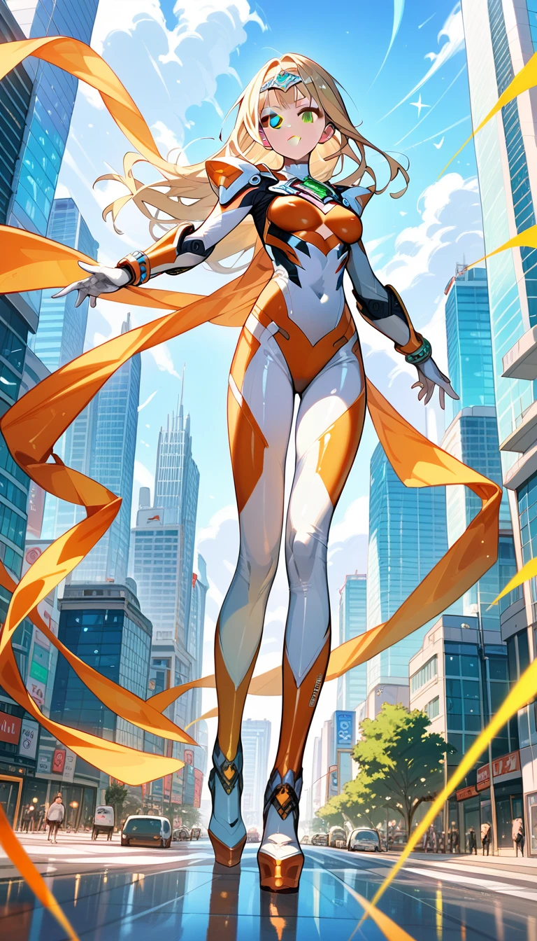 (best quality),giant female,Sala,original,blonde hair ,green eyes,(((white bodysuit))),orange bodysuit,ultragirl,standing,city,ultra-detailed,sharp focus,aesthetic, score_9, score_8_up, score_7_up,source_anime,