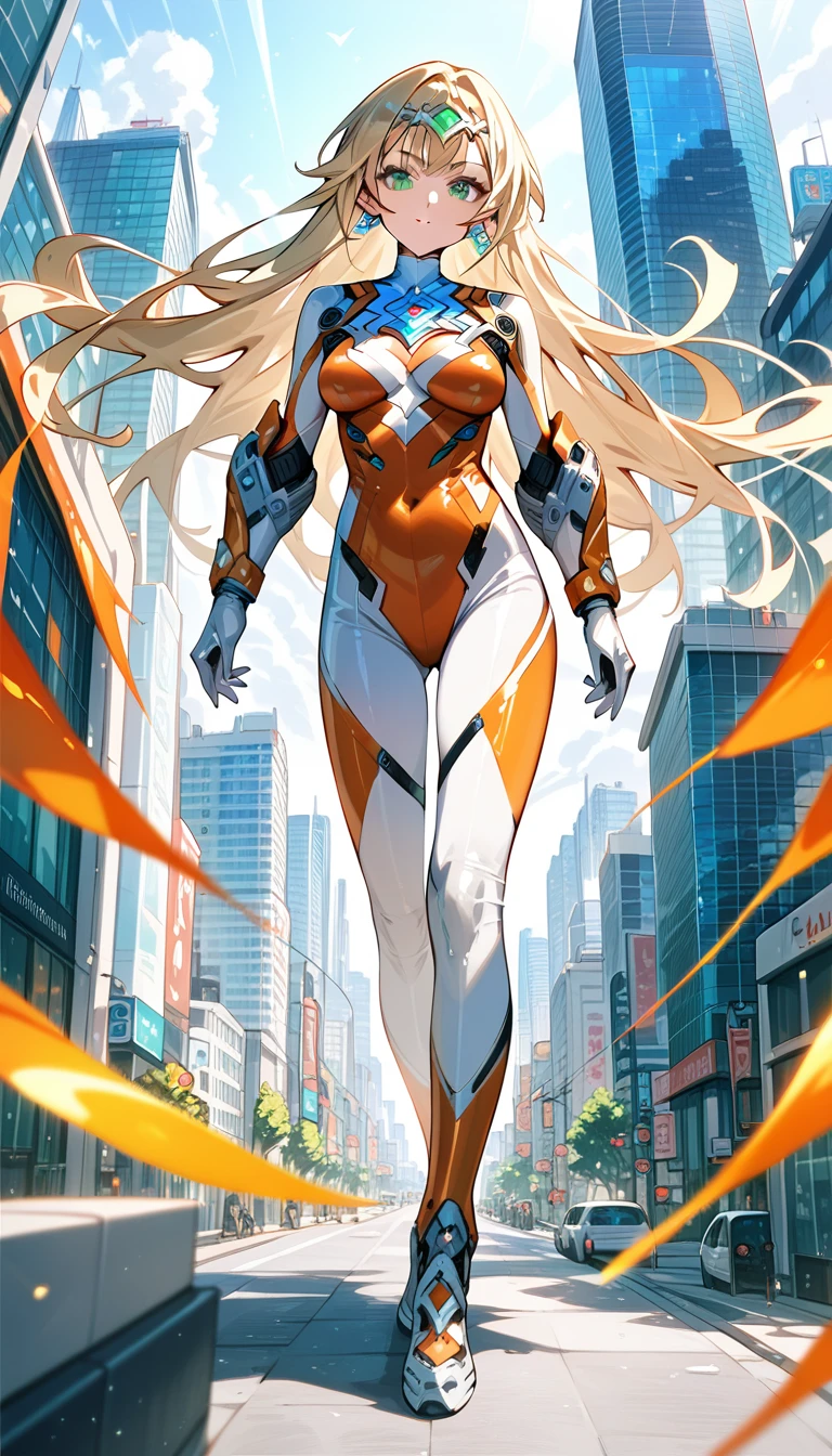 (best quality),giant female,Sala,original,blonde hair ,green eyes,(((white bodysuit))),orange bodysuit,ultragirl,standing,city,ultra-detailed,sharp focus,aesthetic, score_9, score_8_up, score_7_up,source_anime,