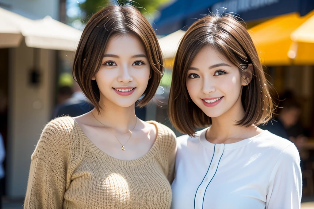 (Realistic:1.1),(masterpiece,Highest quality),8k,(Age 25), Age 25, Very slim body、Her chest is E cup、Slim Couple、Tight waist,Upper Body,Under the blue sky、Perfect Anatomy, Brown Hair, short hair,Random Hairstyles,((Highly detailed face and eyes:1.2)),Perfect golden ratio face,Long sleeve shirt、dress,(smile:1.2)、Shortcuts、cute、(Realistic, Intricate details:1.2), A bright smile、short hair,Bright Face、、(Slim face), (The body is スリム), (Brown Hair), (Shortcuts), Upper Body, Cafe