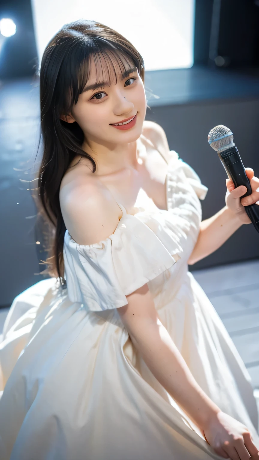 (8k、RAW Photos、Highest quality、masterpiece:1.2)、(Realistic、Realistic)、1 girl、((White off-the-shoulder dress、on stage、In the spotlight、View from above、smile、Looking into the camera 、smile、Upper body photo:1.5))、Leaning forward、cute、Large Breasts、((Cleavage))、(((Sing with a microphone)))