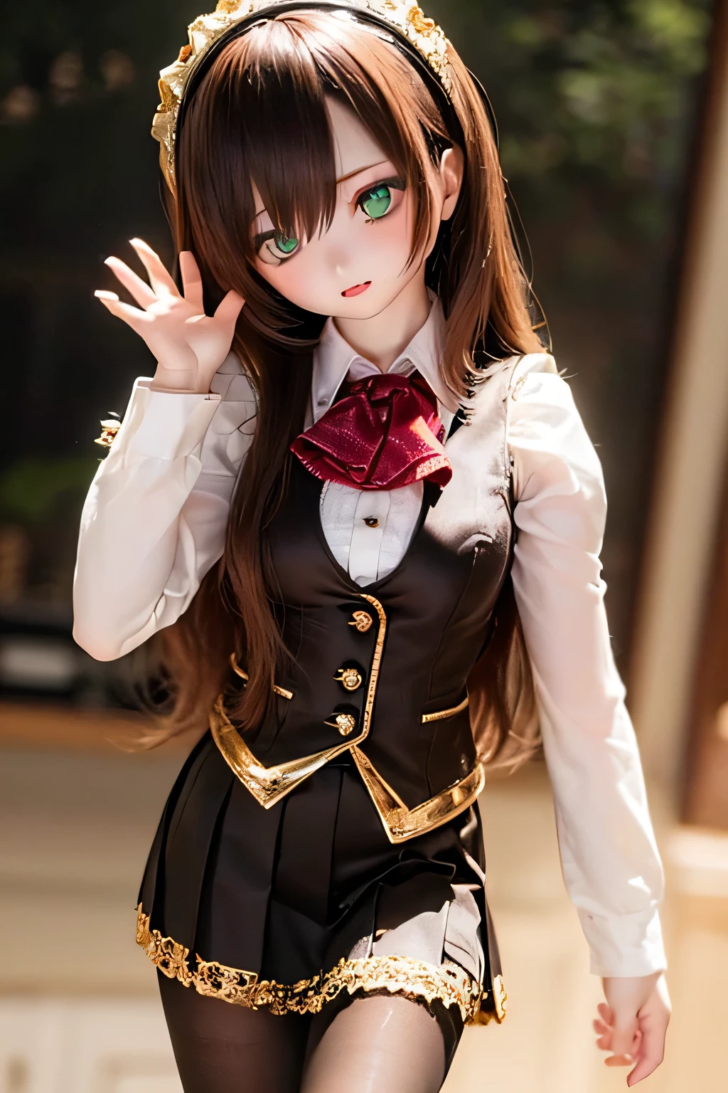 (SFW:2), photorealistic, realistic photo, 8k, ((highest quality)), ((masterpiece)), (extremely detailed), kukolnydom, doll, (mature woman, 21yo, 21 years old, solo:1.6), ((cowboy shot, head tilt, waving, slim, slender, skinny, medium breasts, hairband, ascot, vest, blouse, long puff sleeves, pleated skirt, black pantyhose)), (green eyes, brown hair, long hair, plastic skin, looking at another, glass eyes, gradient eyes, shining eyes, detailed eyes:1.3)