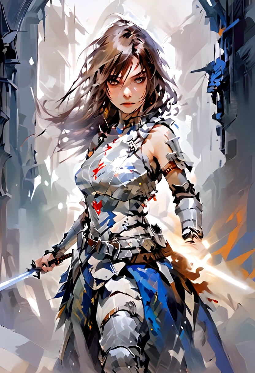 woman warrior, swordsman, silver armor, multiple poses, cutting attack, blocking, piercing attack, dodging, masterpiece, high quality.