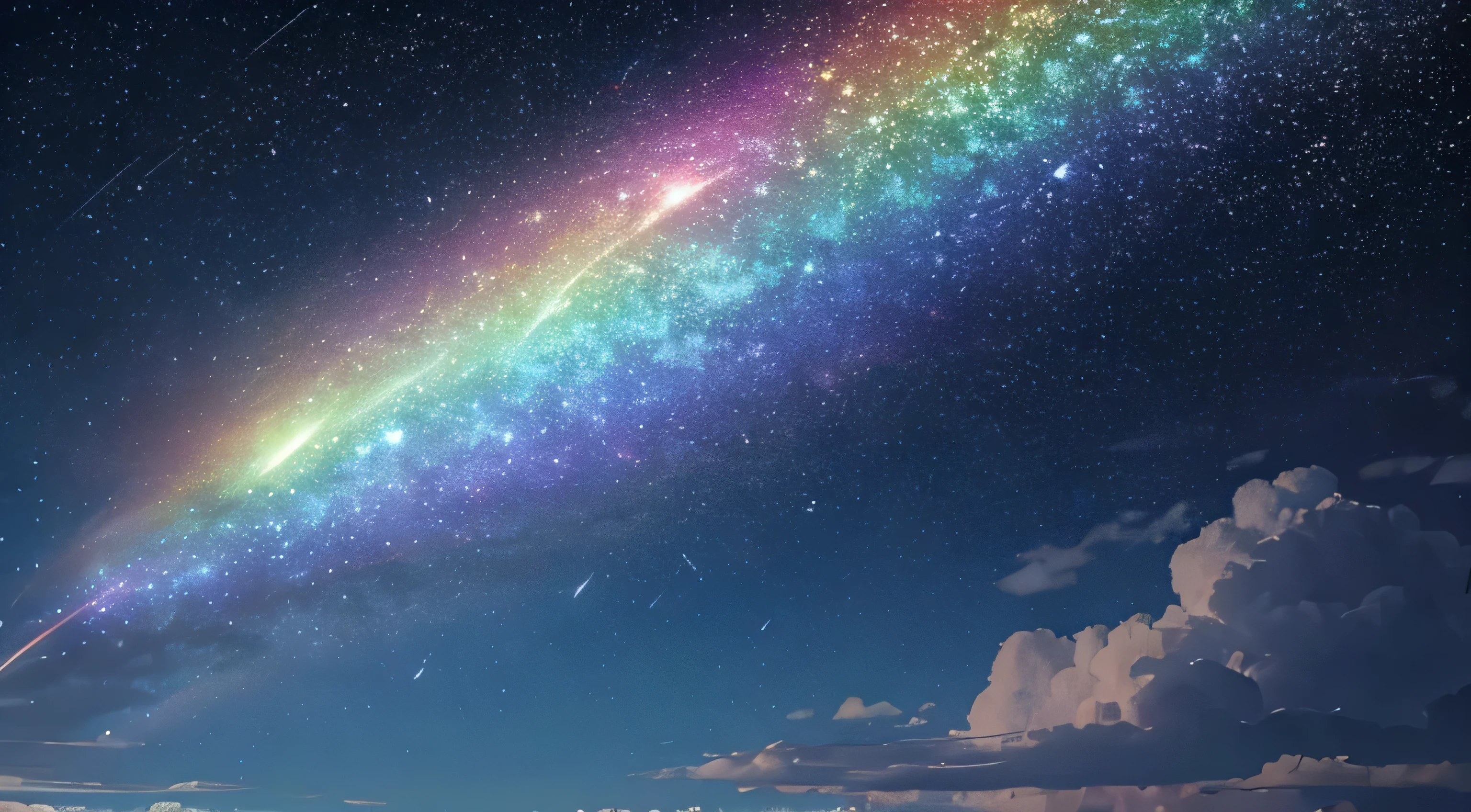 Night Sky　A single large rainbow-colored comet is flying by, very fast