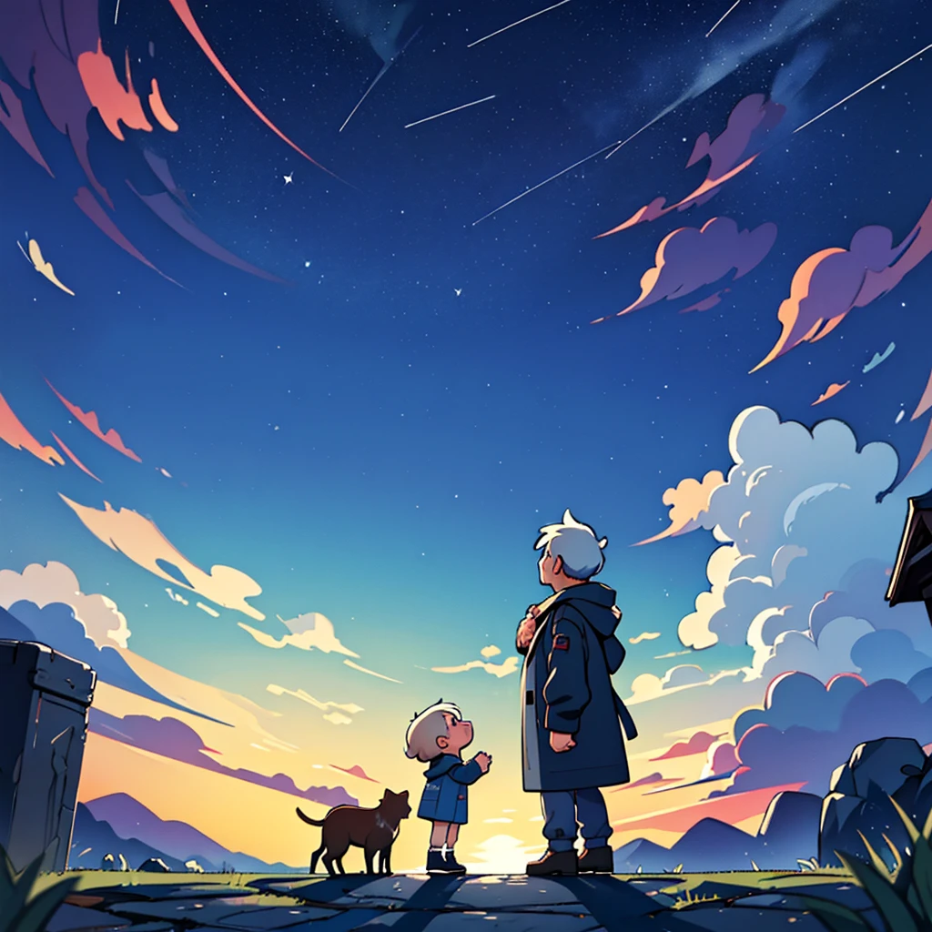 masterpiece, Highest quality,8k,Heartwarming、Under the stars、Wide angle、Composition looking up from diagonally above、old man、Low-profile anime style
