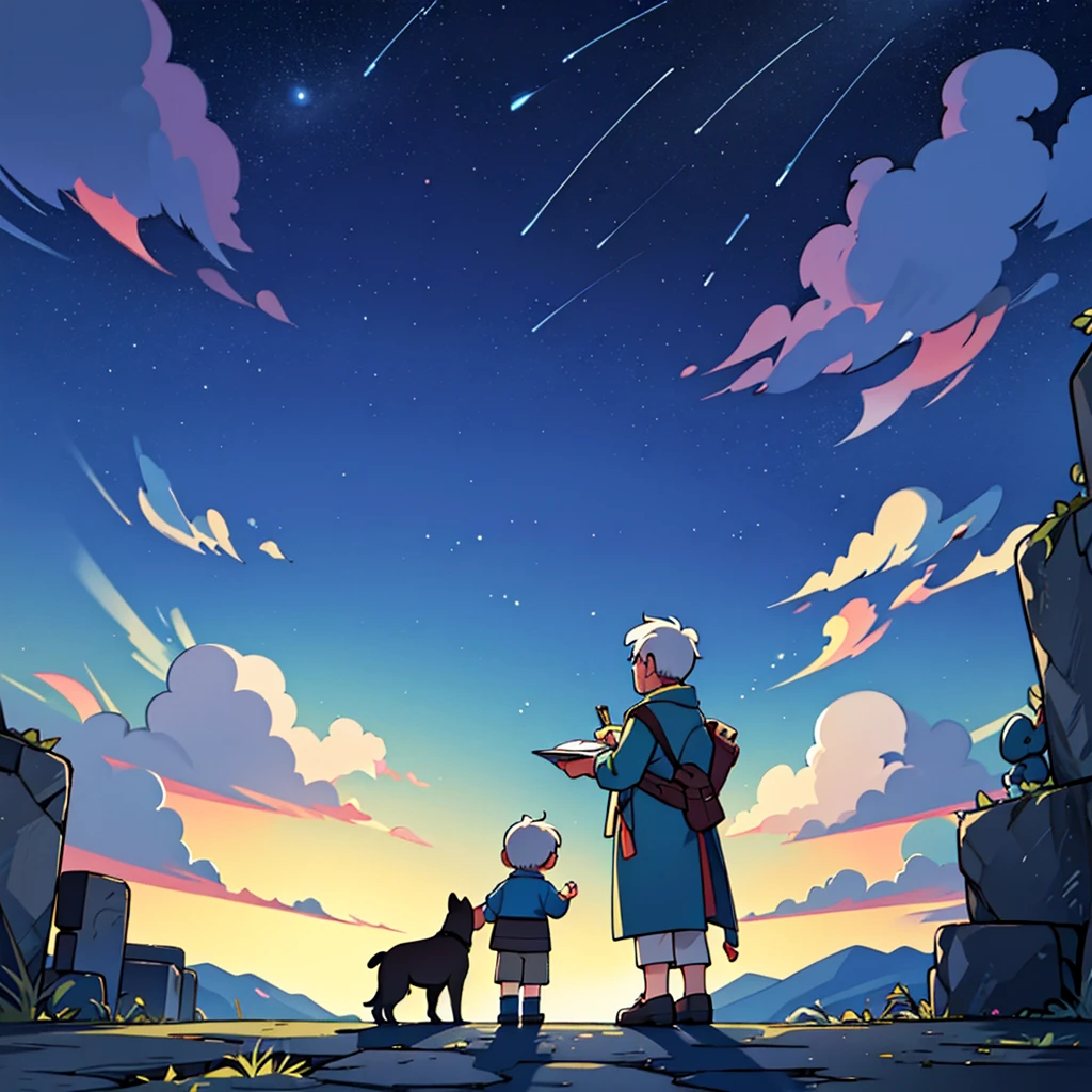 masterpiece, Highest quality,8k,Heartwarming、Under the stars、Wide angle、Composition looking up from diagonally above、old man、Low-profile anime style