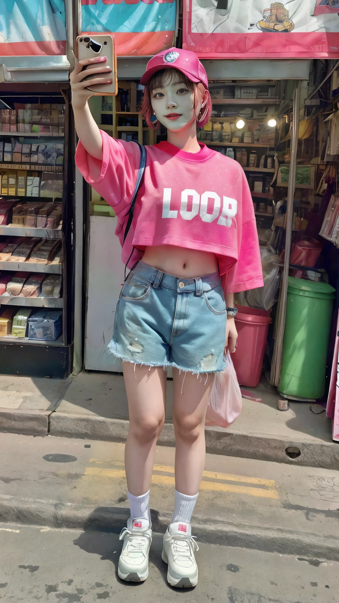 Moisturized skin, realistic body, (16 years old), (girl), earrings, (cute face), cheerful smile, 90s hip hop outfit,
BREAK,
Bright red lipstick, beautiful hair, gradient hair, short hair,
BREAK,
(masterpiece, highest quality, high resolution, highly detailed), (full body: 1.2), symmetrical, one shot,
BREAK,
(wind blowing), European and American cityscape,
BREAK,
Fantastic, dynamic, (selfie), (fisheye lens), neon, cyberpunk movie, selfie, in cyberpunk city, baseball cap,