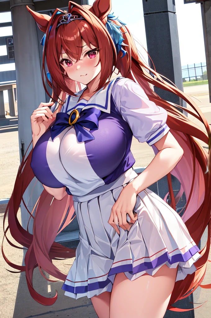 (gigantic huge tits), Hi-Res, 1girl in, Marl, solo, Daiwa Scarlet(umamusume), Trasen , white thighhig, White skirt, Twin-tailed, sailor shirt, Puffy Short Sleeves, Very long hair, brown haired, Horseshoe ornament, Sailor collar, Purple shirt, Hair intake, a miniskirt, tierra, tusk, Akame, bangss, Ashamed, Short stature, Lift your chest with your hands