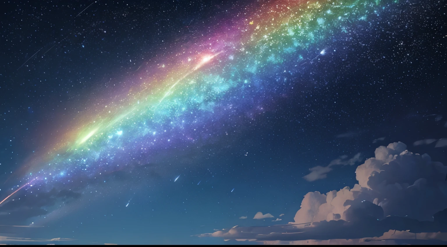 Night Sky A single large rainbow-colored comet is flying by, very fast