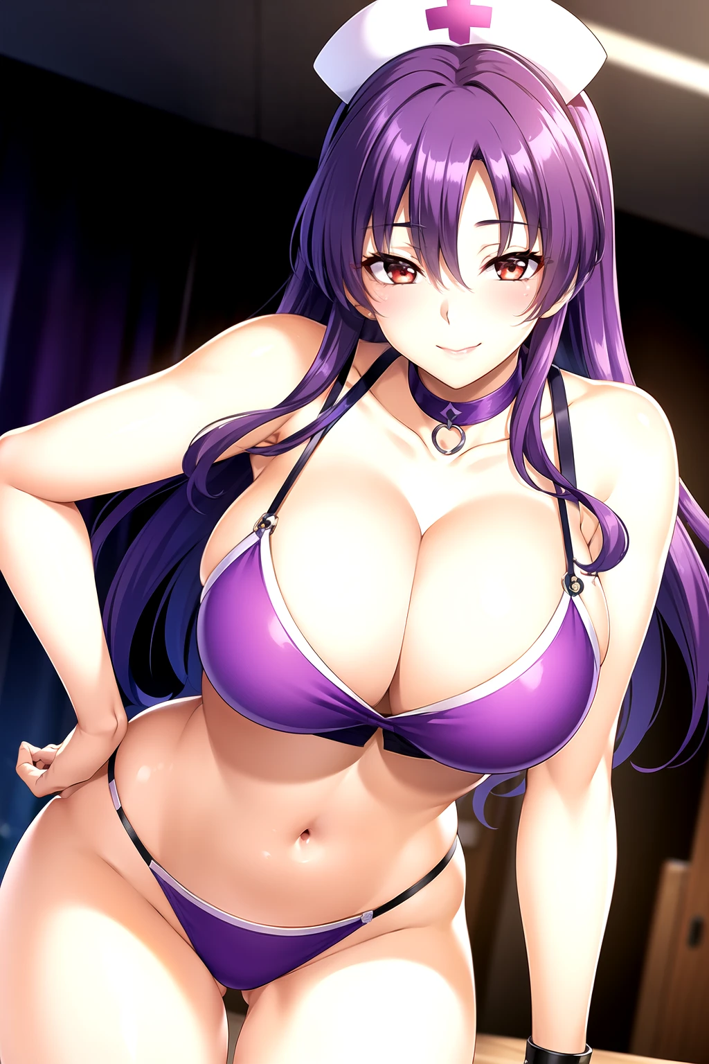 ((1girl)), ((alone)),katsuragi misato , ((extremely detailed CG unity 4k wallpaper)), (masterpiece), (ultra quality), (ultra detailed), (best illustration), (best shadow), (extremely detailed), looking at viewer, (absurdities), (detailed background), curvy body, dynamic pose, cowboy photo, medium breasts, medium waist, wide hips, wide thighs, round butt,(( eyes brown, purple hair, long hair, porcelain skin, shiny hair, (big eyes: 1.2), (smile: 1.2), red sports top: 1.4, neckline, tight top, cross necklace, navel: 1.3, exposed waist, denim shorts: 1.4, short shorts, bare legs: 1.3, bare arms: 1.2, )), smile, mouth closed)), standing, photo of jean, backlight, ((solo)), ((standing: 1.4 , interior, apartment, bedroom, window, night, moon, cityscape, city lights, (seductive expression, blushing, sexy, closed mouth, sexy pose), looking forward, ((focus on breasts), point of view: (from above), perfect anatomy, perfect hands,