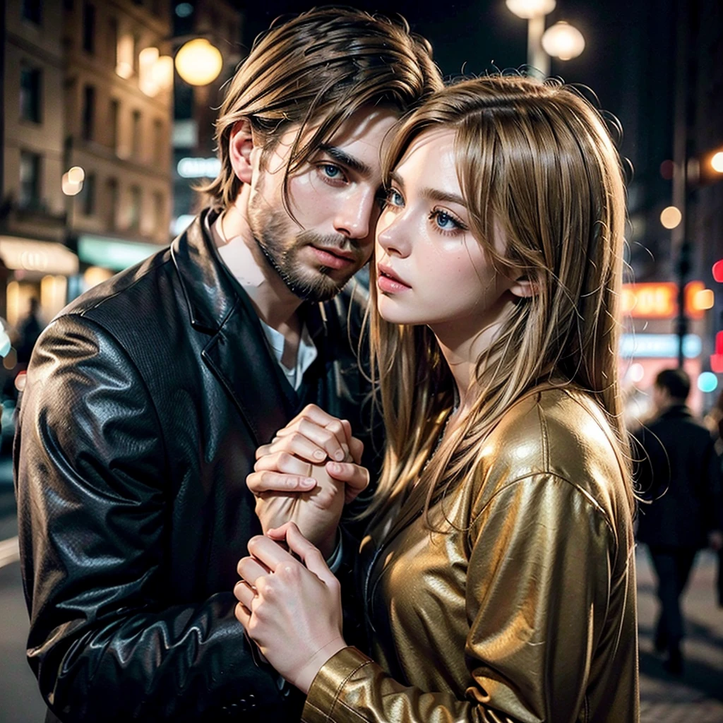 dramatic portrait of a blonde girl kissing a man with medium length hair and stubble, another man with brown hair and beard holding her hand, in a sophisticated urban setting or soft gradient background, romantic atmosphere, cinematic lighting, highly detailed, 8k, photorealistic, dramatic colors