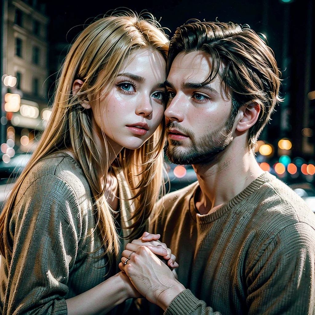 dramatic portrait of a blonde girl kissing a man with medium length hair and stubble, another man with brown hair and beard holding her hand, in a sophisticated urban setting or soft gradient background, romantic atmosphere, cinematic lighting, highly detailed, 8k, photorealistic, dramatic colors