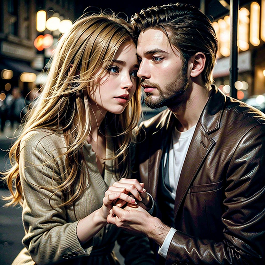 dramatic portrait of a blonde girl kissing a man with medium length hair and stubble, another man with brown hair and beard holding her hand, in a sophisticated urban setting or soft gradient background, romantic atmosphere, cinematic lighting, highly detailed, 8k, photorealistic, dramatic colors