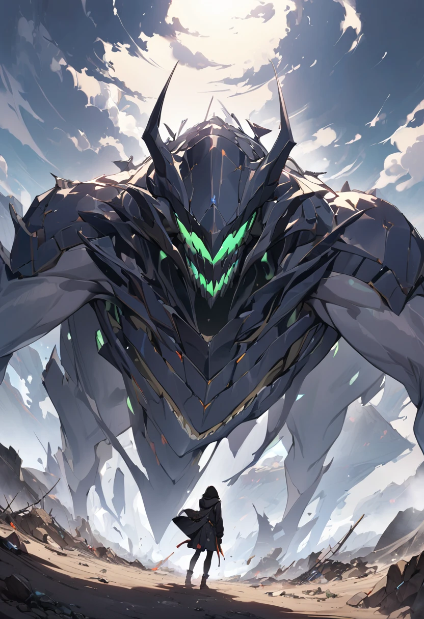 (masterpiece, best quality:1.1), (ultra highres, ultra-detailed:1.2),pop-style,black hooded boy,((facing a white spider-like big monster)),(wasteland,no man's land),dynamic angle,