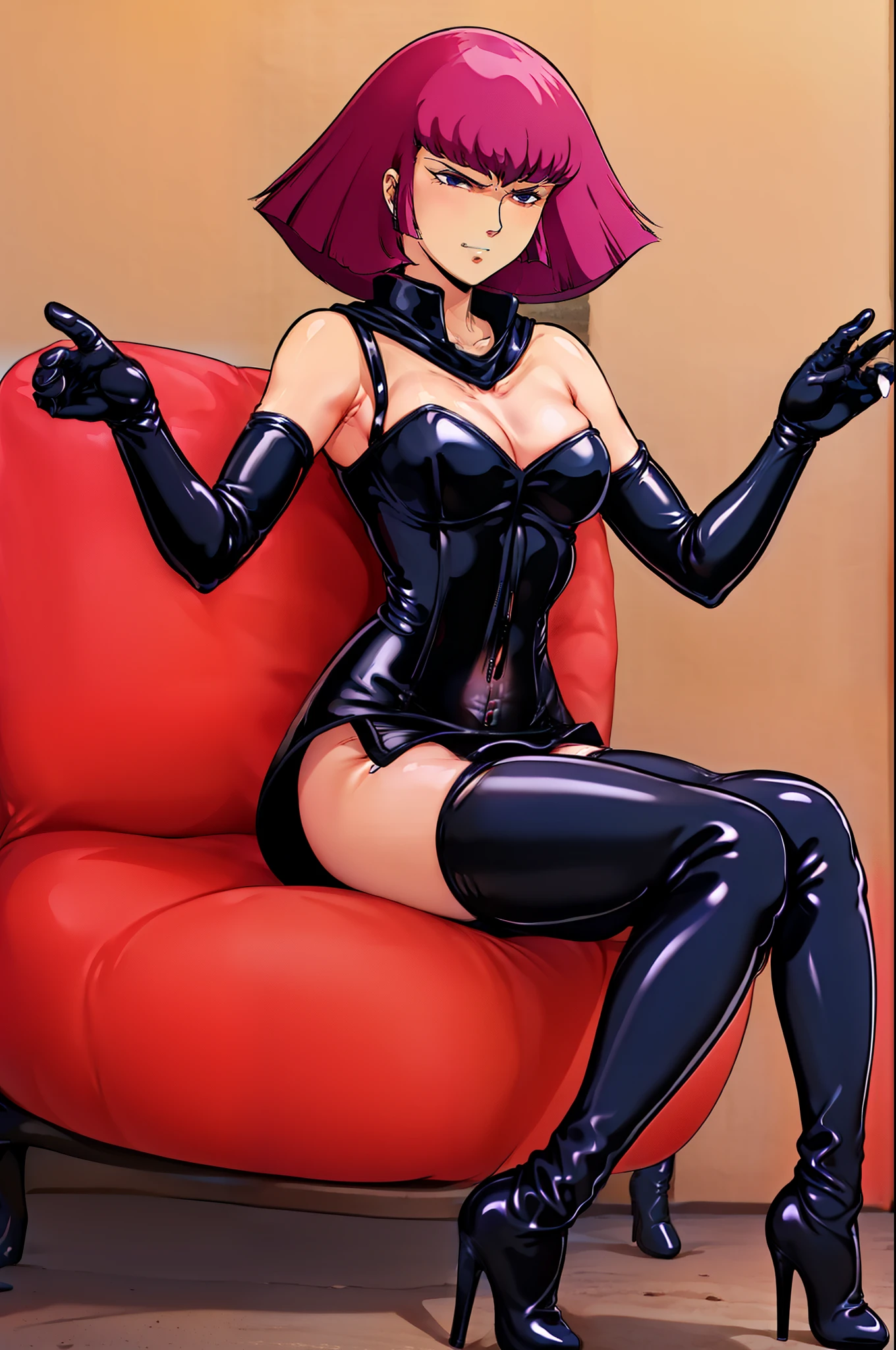 mature female, mature, Adult, himeno, himeno(Chainsaw Man), black hair, short hair, eyepatch, latex purple leotard, black tights, latex purple thighhighs, covered navel, purple elbow gloves, purple pumps, holding whip, 1girl 1boy, naughty face, seductive smile, restraint, torture, candle, chain, BDSM, dominatrix, homage, relationship between master and vassal, full body, nsfw, Villains, blush, aroused, in heat, underground, night, masterpiece, Top animation quality, Top image quality,