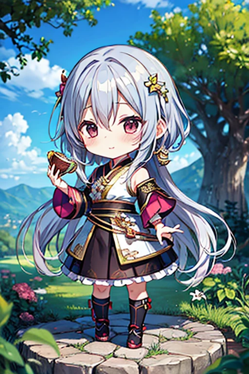 masterpiece、Highest quality、Ultra-detailed、(Chibi character&#39;s daughter:1.2)、Decorative mirror decorated with gorgeous rose flowers、face the mirror、Gray Hair、Renaissance Dresses、Are standing、Laughter