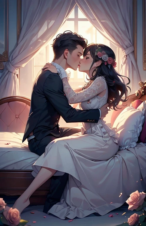 ((highest quality)), ((masterpiece)), (Get used to it), Perfect Face , Couple , 1 male , 1 female , On a bed strewn with roses , kiss , Embrace each other ,