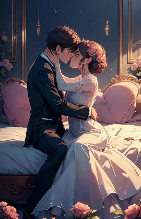 ((highest quality)), ((masterpiece)), (Get used to it), Perfect Face , Couple , 1 male , 1 female , On a bed strewn with roses , kiss , Embrace each other ,