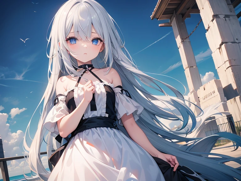 A young girl tied up with rope　Gray Hair　long hair　Blue Eyes　Droopy eyes