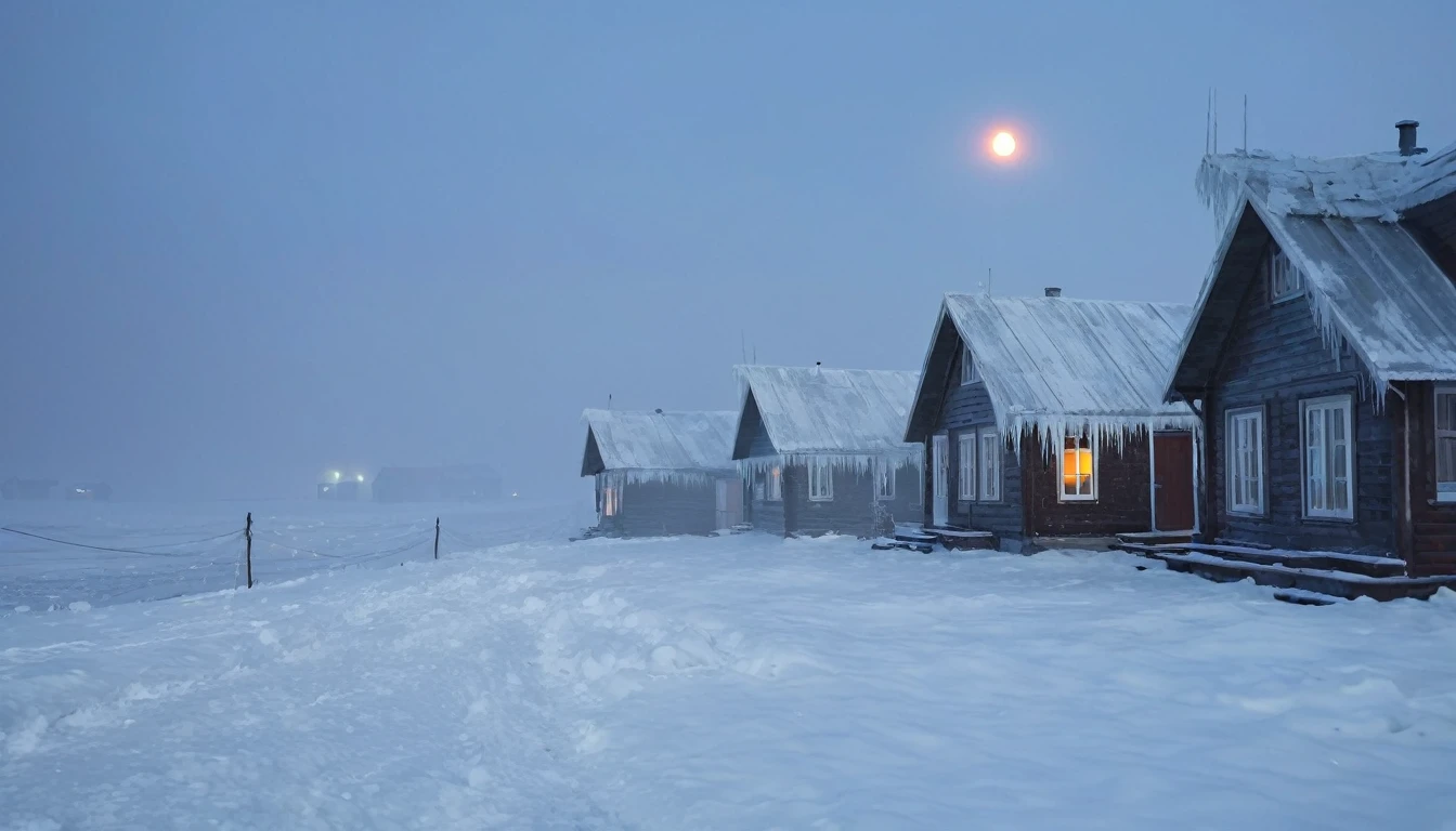 Rural houses, glowing windows, shrouded by haze, sky obscured by haze, snow, ice, icicles, severe winter, Arctic ambience, harsh weather, indistinct background, tiny details, ultra high quality image, 4k, cinematic