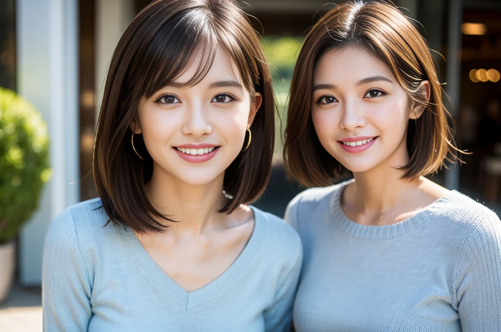 (Realistic:1.1),(masterpiece,Highest quality),8k,(Age 25), Age 25, Very slim body、Her chest is E cup、Slim Couple、Tight waist,Upper Body,Under the blue sky、Perfect Anatomy, Brown Hair, short hair,Random Hairstyles,((Highly detailed face and eyes:1.2)),Perfect golden ratio face,Long sleeve shirt、dress,(smile:1.2)、Shortcuts、cute、(Realistic, Intricate details:1.2), A bright smile、short hair,Bright Face、、(Slim face), (The body is スリム), (Brown Hair), (Shortcuts), Upper Body, Cafe、Maximum of 2 people。