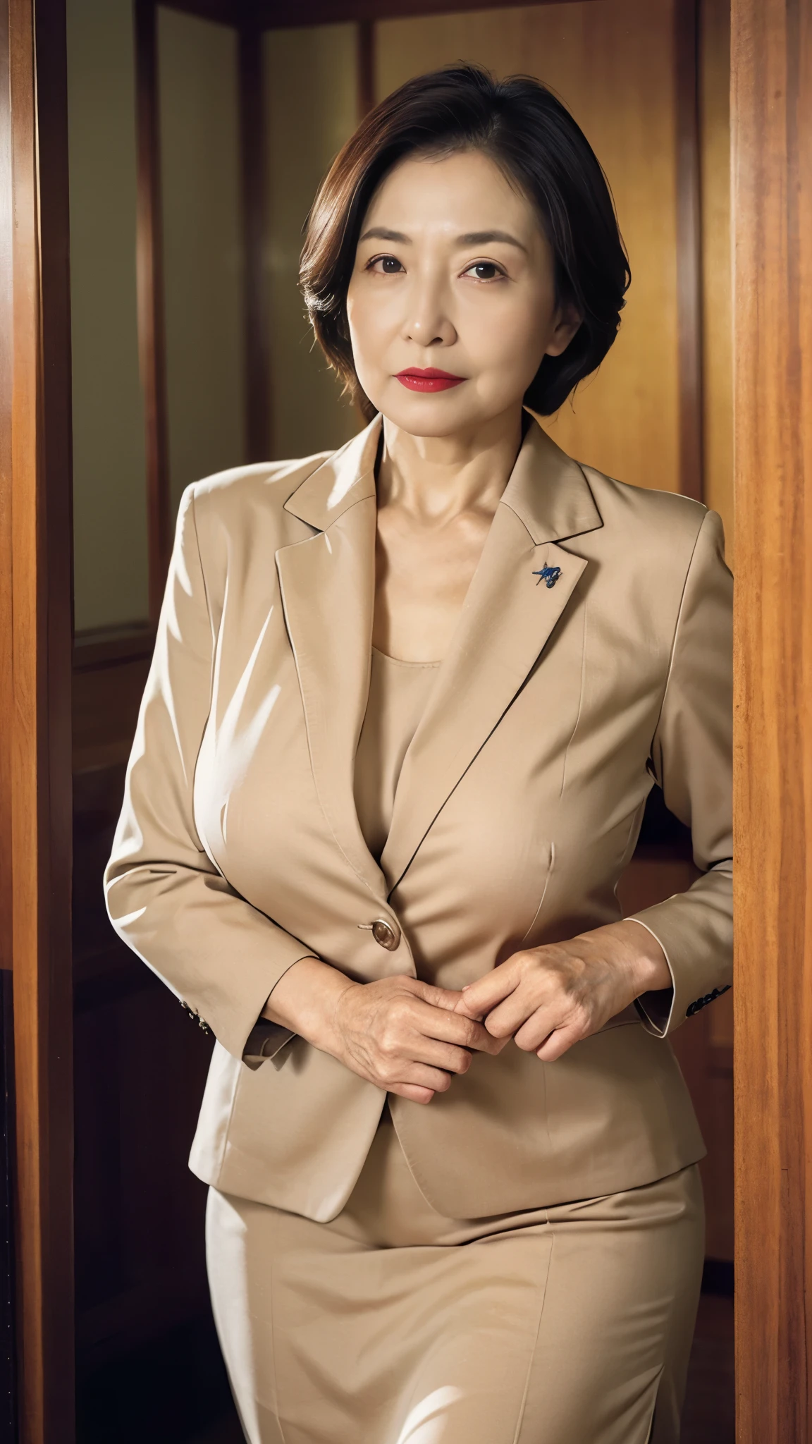 Masterpiece, Depth of written boundary, ((Great focus)), gravure, 32K, Beautiful finish, Japanese, A natural pose, Beautiful mature woman, 80-year-old woman, High Career, Corporate Executive, Photo of your ID, Long face, Big Breasts, Red lips, Thin lips, business suit, Alluring, Light from the front, if,