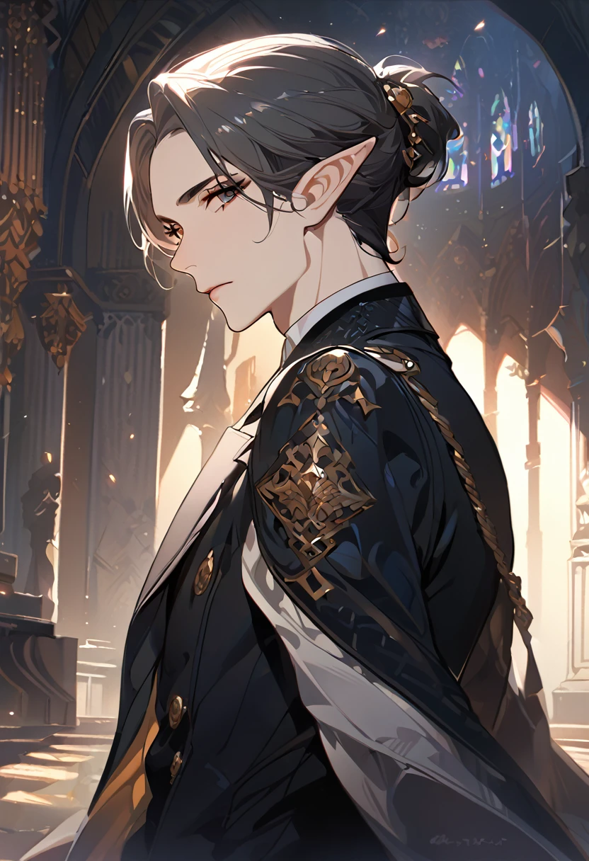masterpiece, best quality, 8k ,4k , 1 male, elf, long ears elf, dark grayish hair, dark greenish eyes, hair ornament, finely detailed eyes and detailed face, looking at viewer, from side, meticulous clothes, formal clothes, combination of white and black coat, half cape by the shoulders, patterned clothes, majestic looks, sharp looks, shadows, inspired by Asukaziye artist : ask, art style : ask