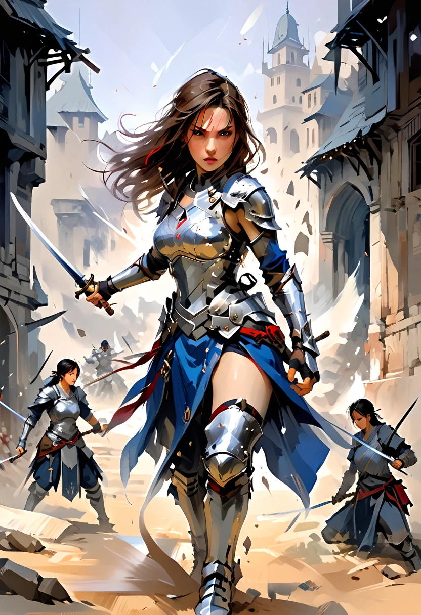 concept art, woman warrior, swordsman, silver armor, multiple poses, slashing attack, blocking, piercing attack, dodging, action scenes, masterpiece, high quality.