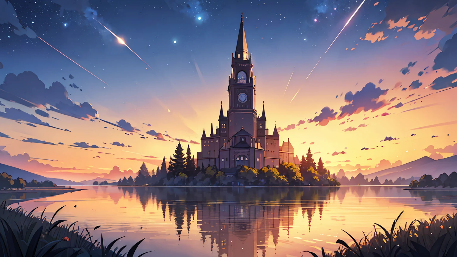(masterpiece, best quality),sunset,wide lake, calm,Milky Way,cloud, Evening,A lake like a mirror,sublime, A famous scene that will be remembered in history