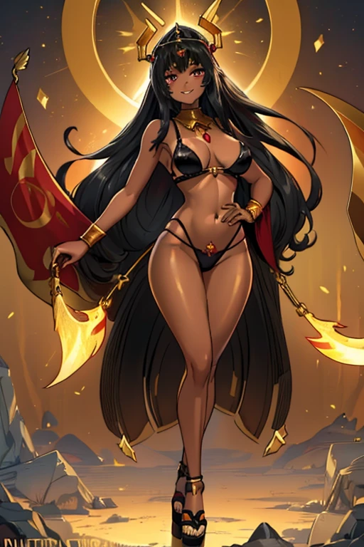 female, black long hair, red eyes, dark skin, (((1girl))), (((black and gold bra))), (black black and gold panties), (gold heeled sandals), (gold headdress), (gold jewelry), cute and sexy, full body, large breasts, large butt, long legs, smiling