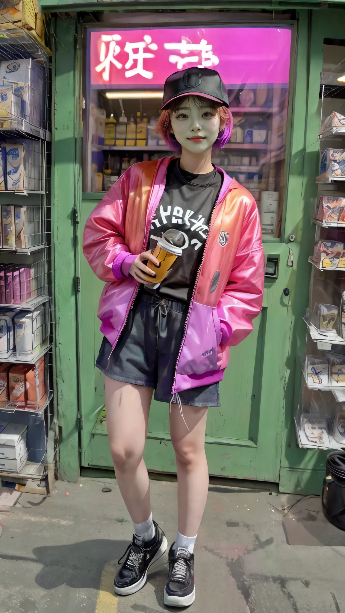 Moisturized skin, realistic body, (16 years old), (girl), earrings, (cute face), cheerful smile, 90s hip-hop outfit,
BREAK,
Bright red lipstick, beautiful hair, gradient hair, short hair,
BREAK,
(masterpiece, highest quality, high resolution, highly detailed), (full body: 1.2), symmetrical, one shot,
BREAK,
(wind blowing), Western cityscape,
BREAK,
Fantastic, dynamic, (selfie), (fisheye lens), neon, cyberpunk movie, selfie, in cyberpunk city, baseball cap, iPhone,